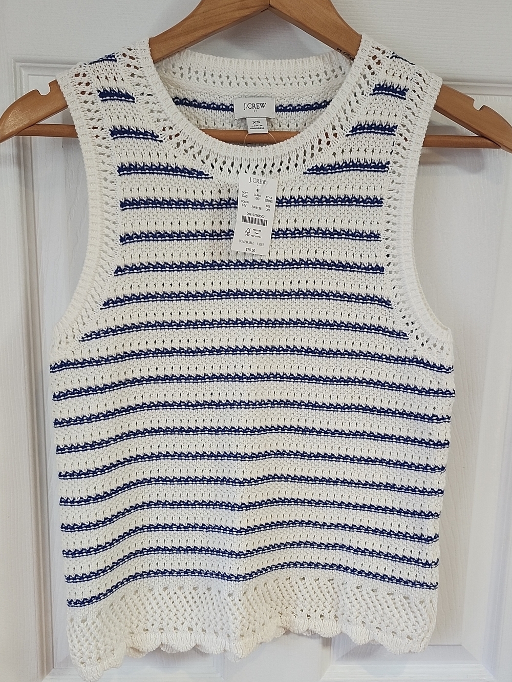 J. Crew Cream Crochet Tank with Navy Stripes